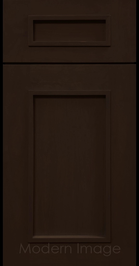 Chocolate-stained Gilbert cabinet a recessed flat panel and elevated molding.
